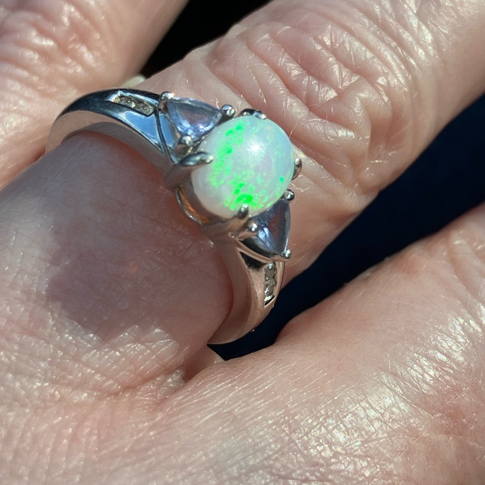14kt white Gold Opal Amethyst Diamond Ring.